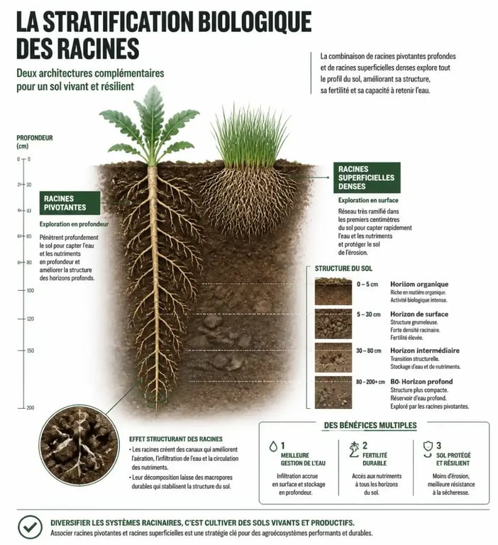 Illustration de la stratification racinaire et de la structure du sol en polyculture