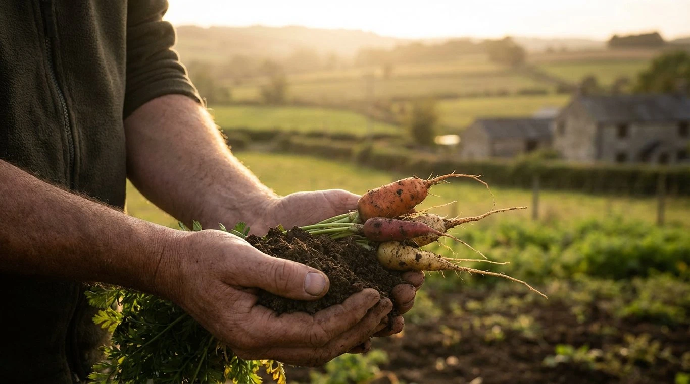 Mains d'un artisan tenant de la terre riche, paysage flou en arrière-plan