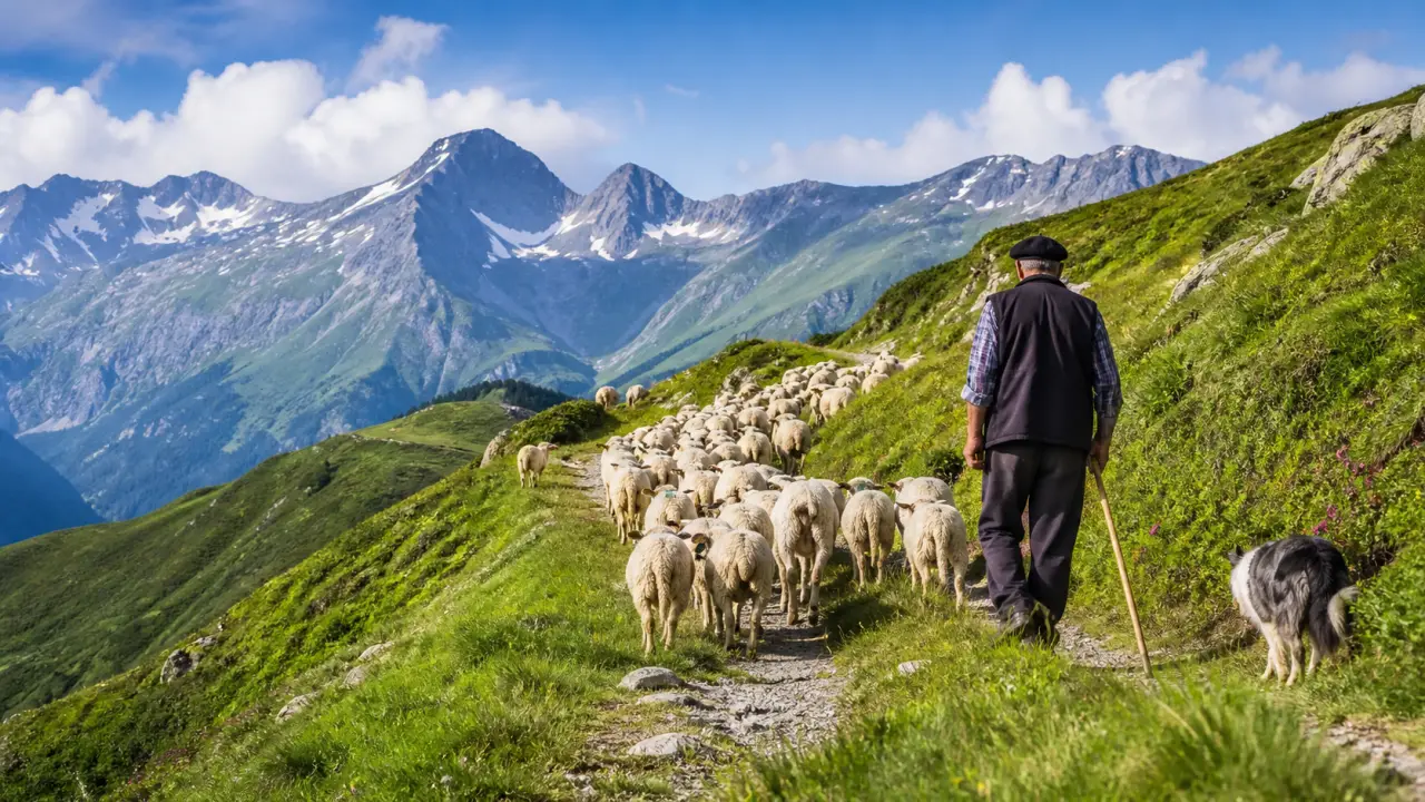 Bergers et troupeau sur un sentier des Pyrénées au coucher du soleil