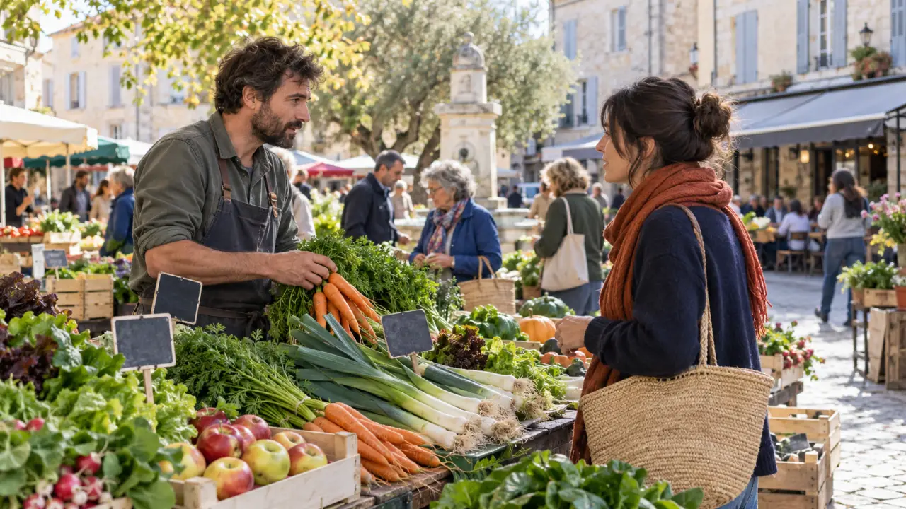 Étals de producteurs sur un marché fermier, avec légumes de saison et paniers en osier