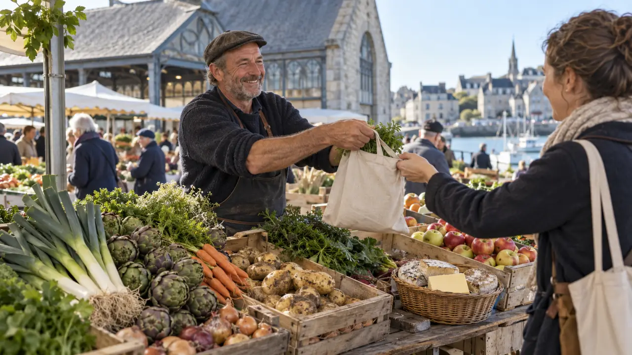 Mains d'une maraîchère présentant une récolte sur un marché breton