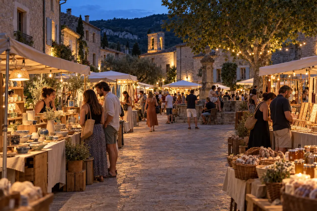 Marché nocturne parmi les plus beaux marchés en Ardèche dans un village animé en été