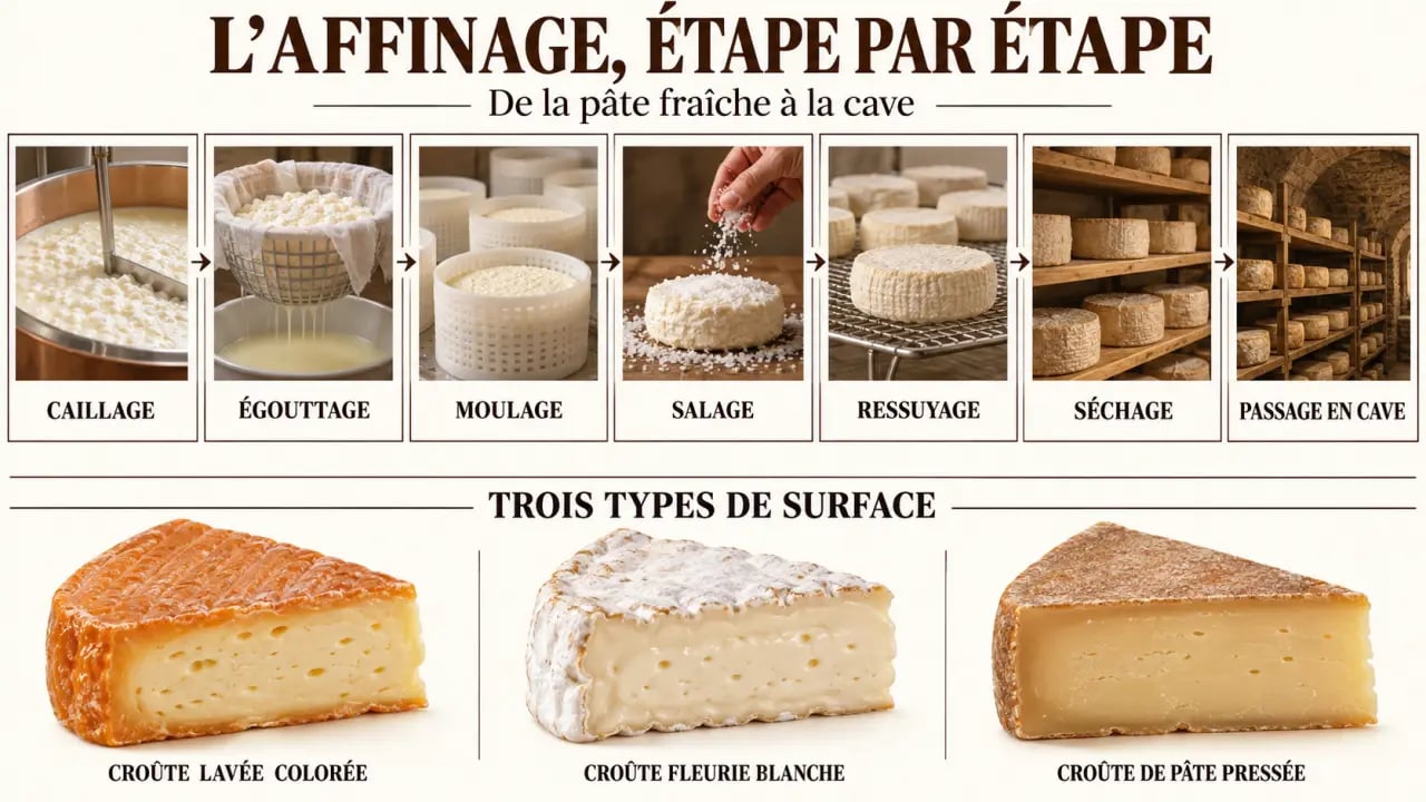 Frise illustrée des étapes de l’affinage des fromages et des principaux types de croûte