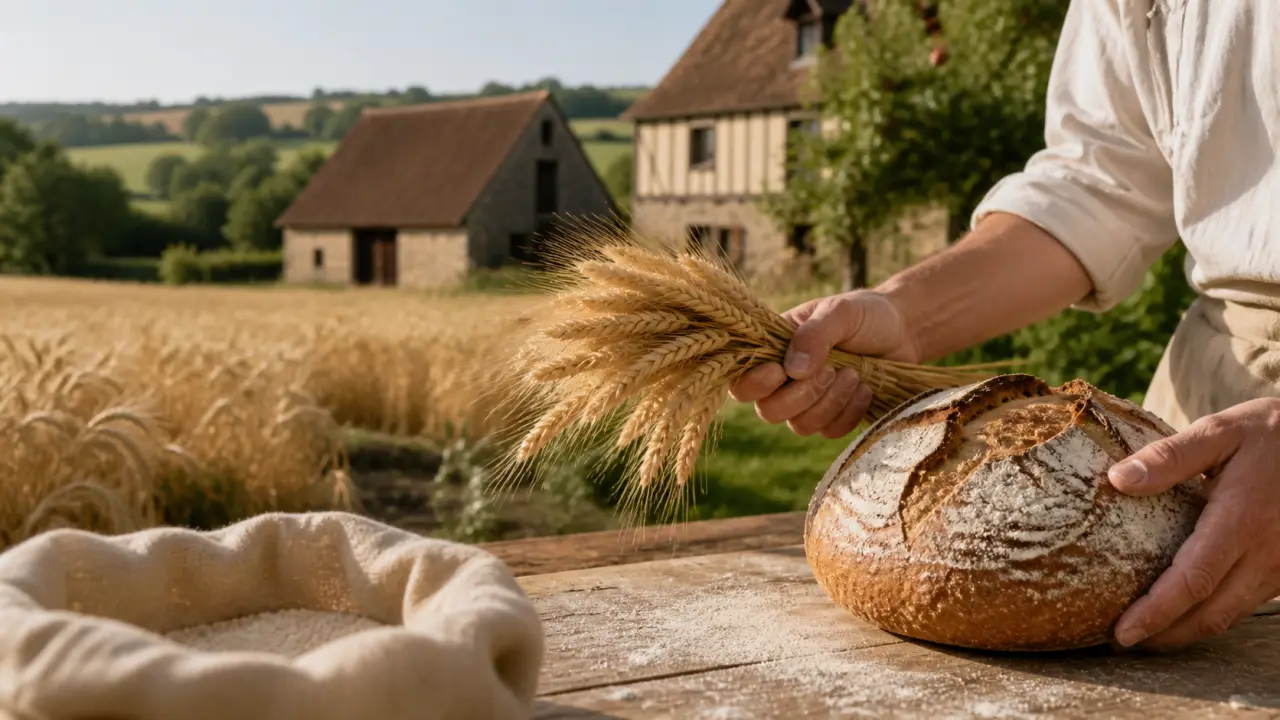 Mains d’un artisan tenant une récolte ou une terre riche, avec un paysage normand flou en arrière-plan