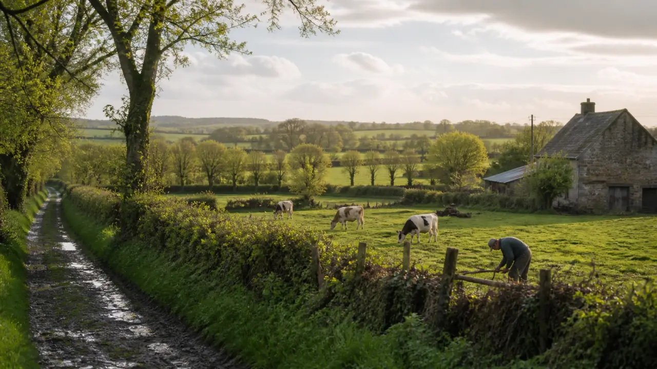 Mains d’un agriculteur tenant une terre riche, avec la campagne normande en arrière-plan