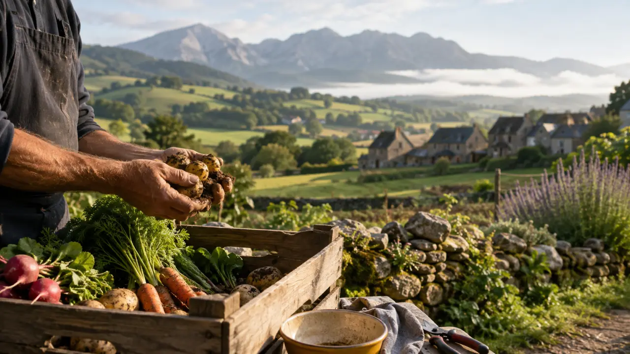 Mains d’un agriculteur tenant une terre riche avec un paysage européen en arrière-plan