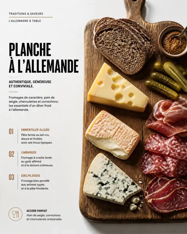 Plateau de fromages allemands avec pain de seigle et charcuterie pour le dîner froid traditionnel