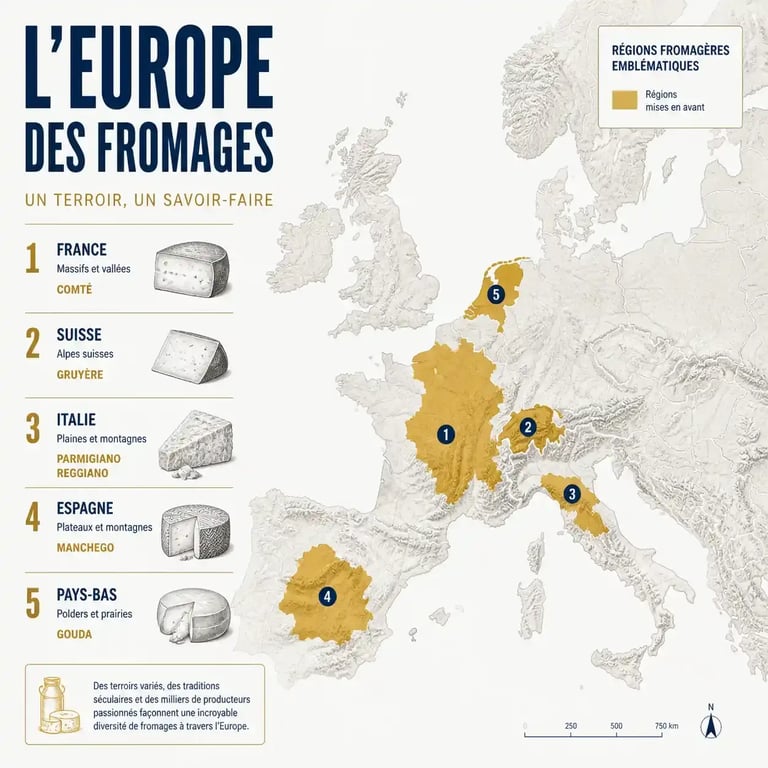 Carte des régions fromagères européennes pour organiser un voyage gastronomique à la découverte des fromages régionaux