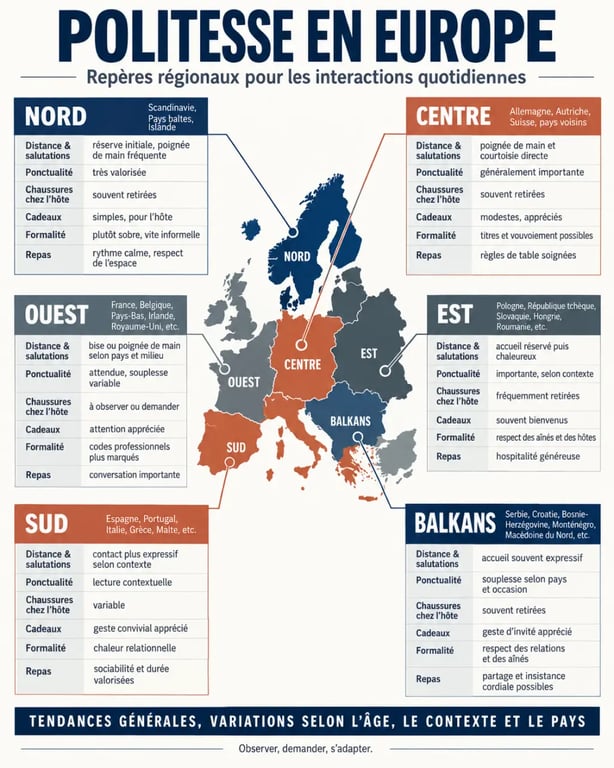 Infographie sur les différences de coutumes de politesse selon les régions d’Europe