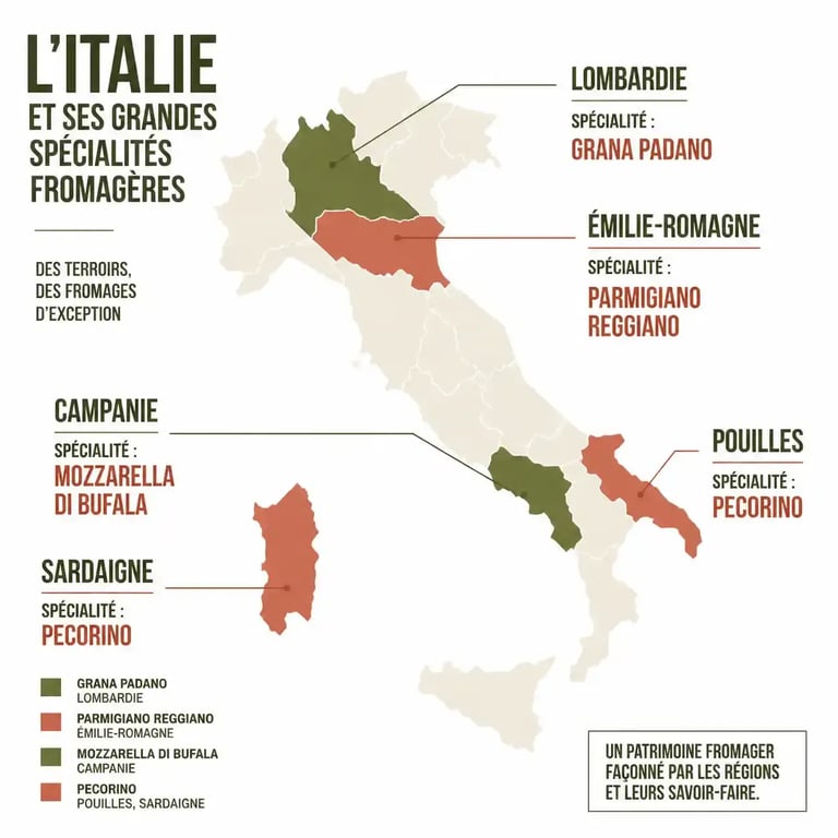 Carte des régions productrices de fromage en Italie et leurs spécialités