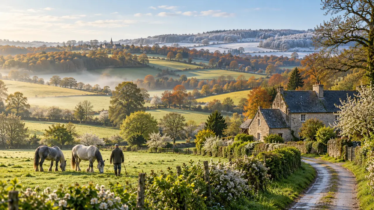 Paysage bocager du Perche au fil des saisons, avec une ferme et des vergers dans une lumière douce