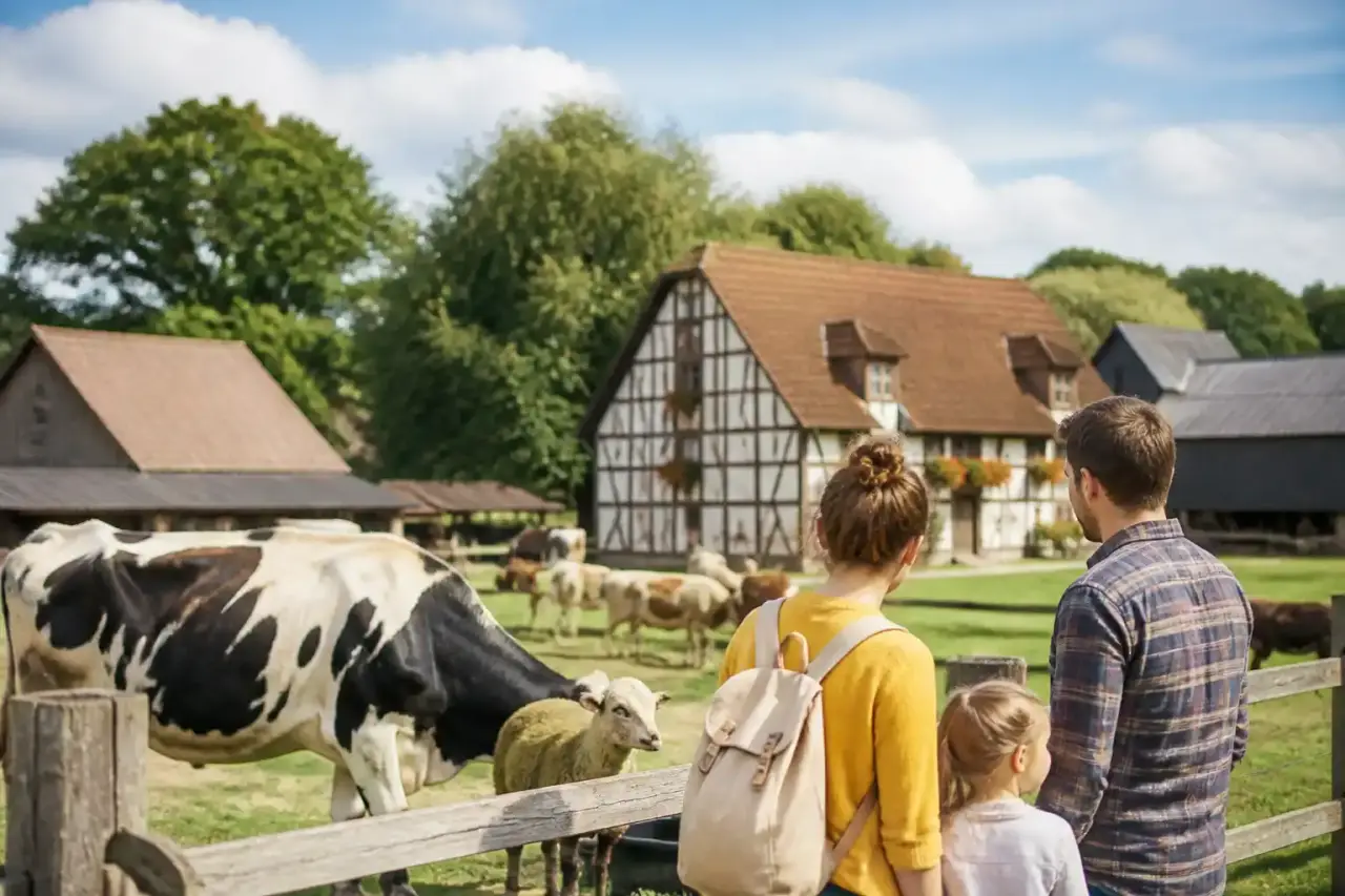 Mains d’un agriculteur tenant la terre dans une ferme normande, lumière dorée, paysage de campagne en arrière-plan