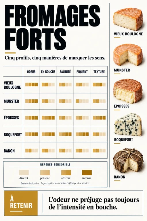 Infographie comparative des fromages forts selon leur odeur et leur intensité en bouche