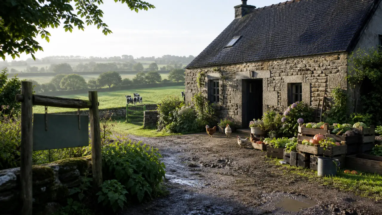 Mains d’un agriculteur tenant une terre riche, lumière dorée sur un paysage de campagne européenne