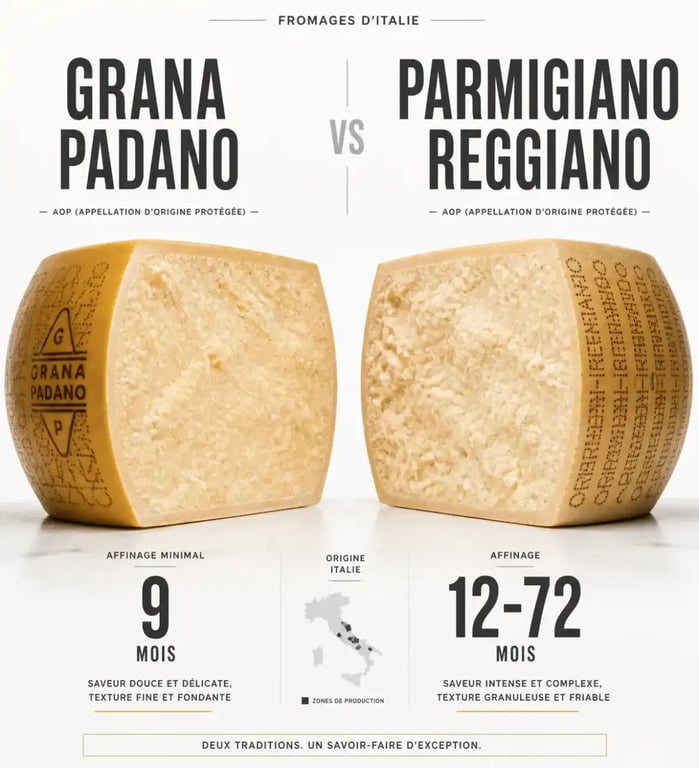 Comparatif visuel des fromages italiens Grana Padano et Parmigiano Reggiano