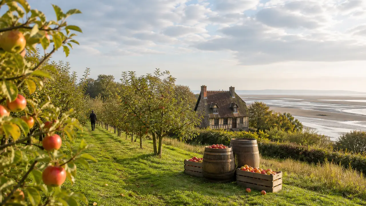 Mains tenant une terre riche ou une récolte, avec un paysage de campagne normande flou en arrière-plan