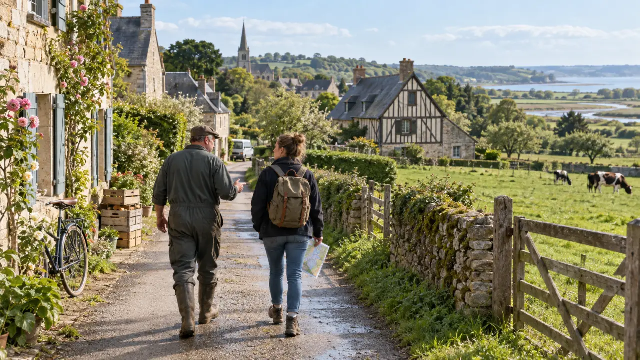 Rue d'un village normand bordée de maisons anciennes et de pommiers