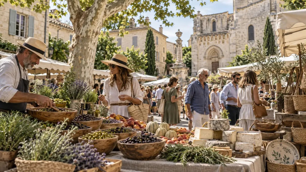Mercati in Francia : marché provençal de Saint-Rémy-de-Provence avec produits régionaux et artisanat