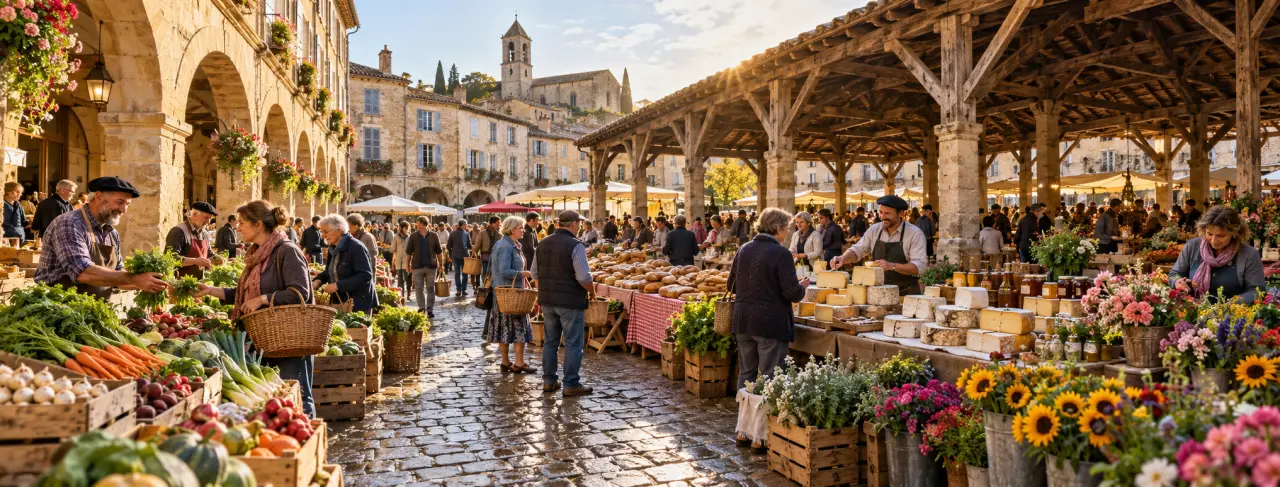 Marché du dimanche matin dans le Tarn : places à arcades ou halles couvertes ?