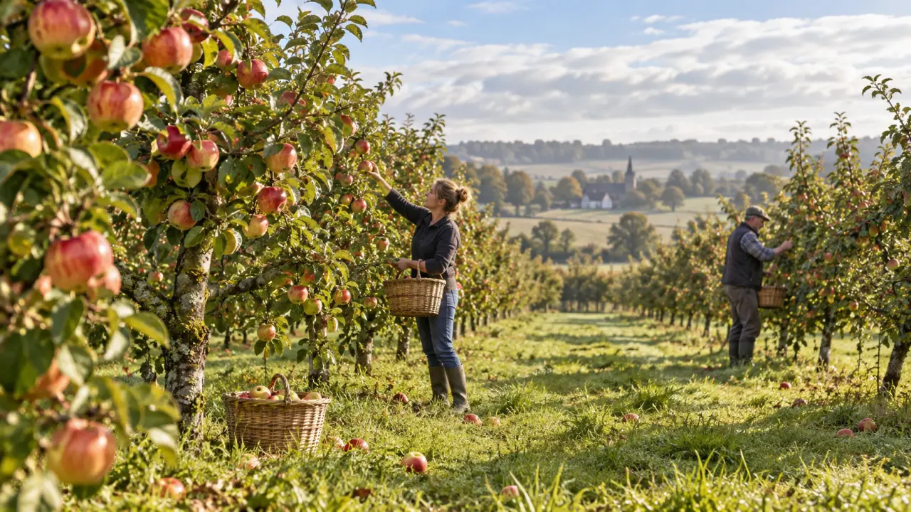 Pommes mûres dans un verger normand à la lumière douce de l’automne