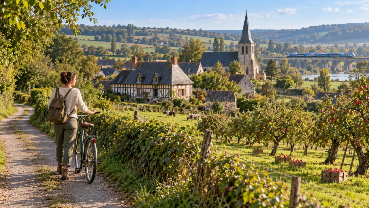 Paysage rural de Normandie avec verger, chemin et village au loin