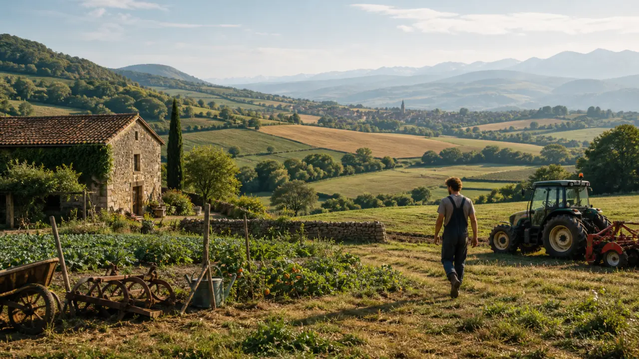 Mains d’un agriculteur tenant une terre riche, lumière dorée sur un paysage de campagne européenne en arrière-plan