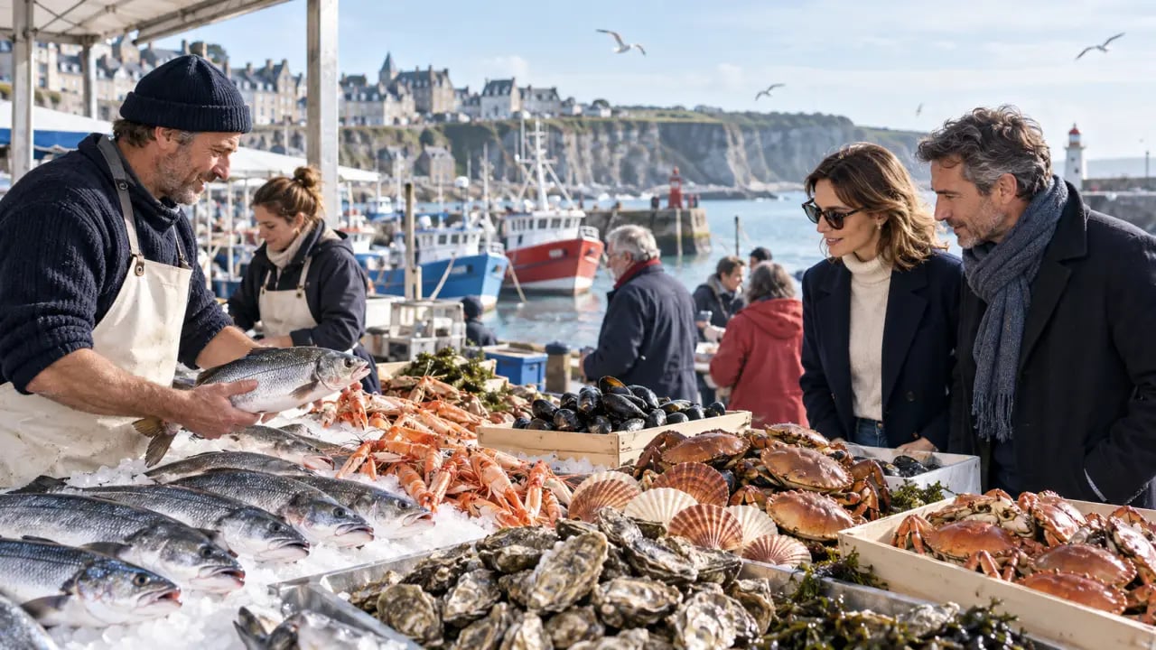 Mercati in Francia : marché normand de Granville ou Dieppe avec poissons et coquillages