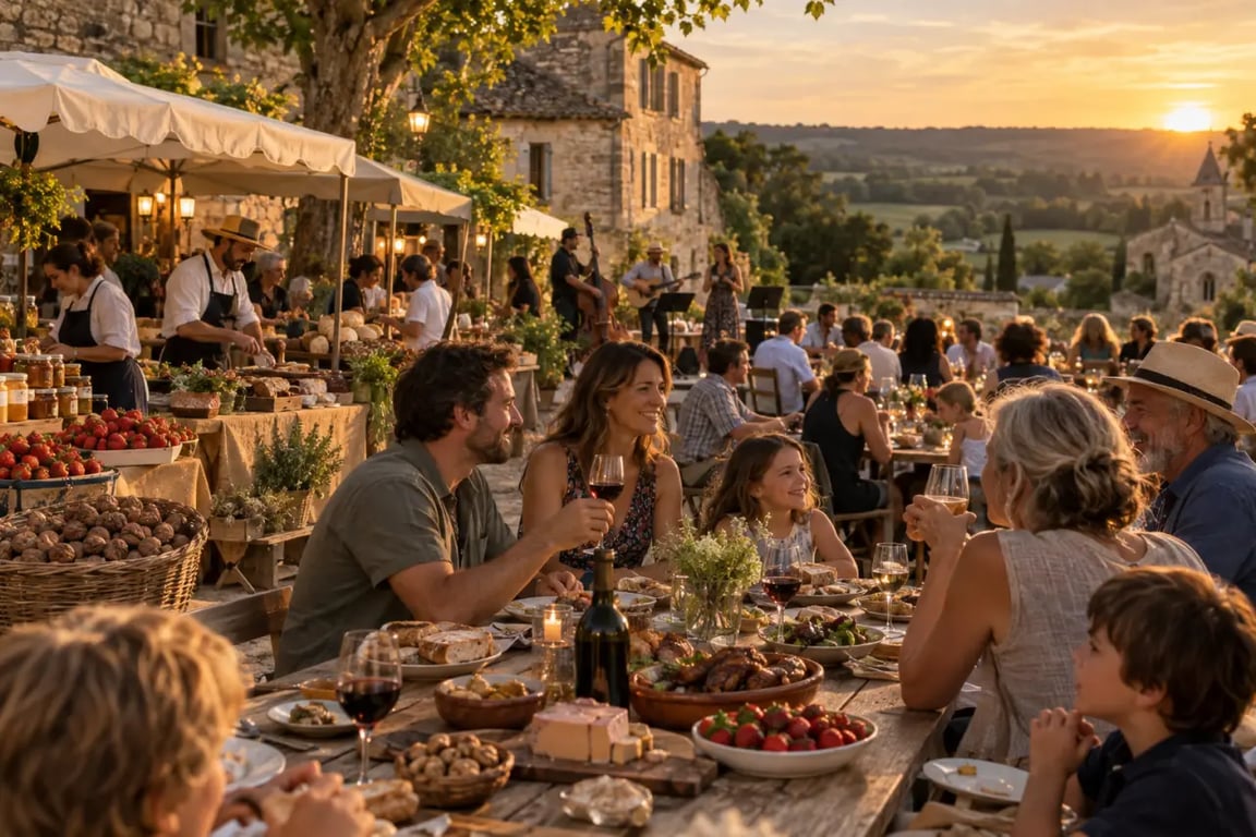 Marchés gourmands Dordogne sur une place de village en soirée