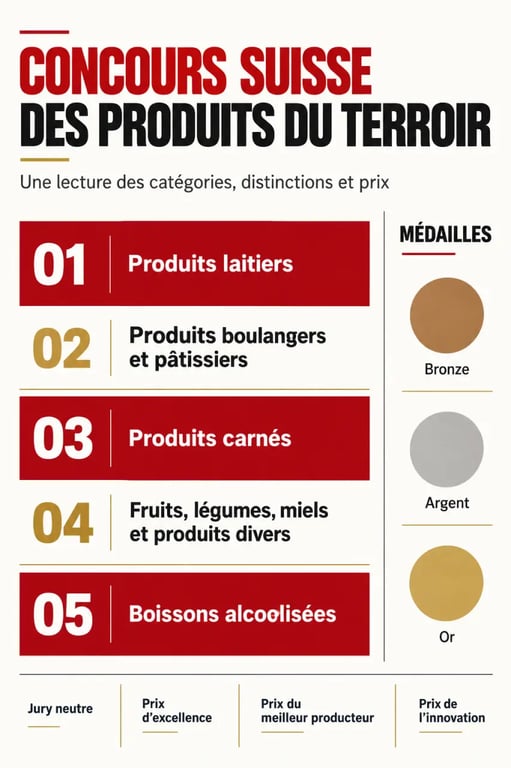 Infographie du Concours Suisse des produits du terroir présentant les catégories et les médailles