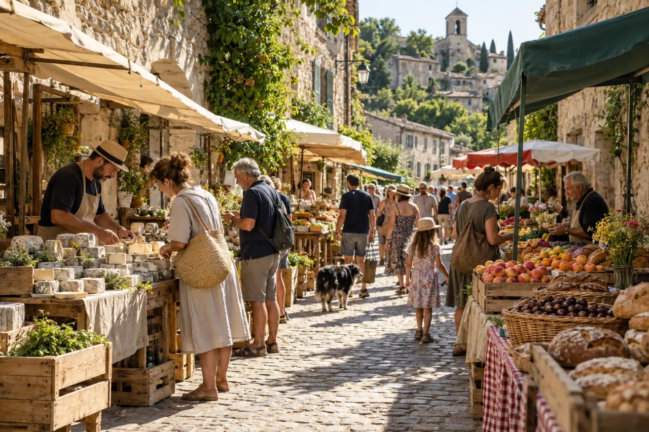 Les plus beaux marchés en Ardèche, avec étals de produits locaux dans un village ardéchois