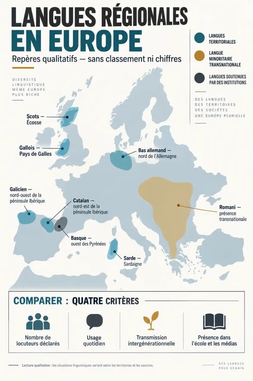 Infographie sur les langues régionales les plus parlées en Europe et leurs profils linguistiques
