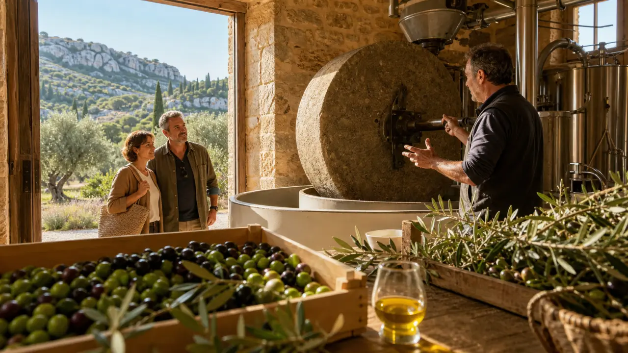 Mains d’un artisan tenant des olives ou de la terre, en Provence, avec une lumière dorée en arrière-plan