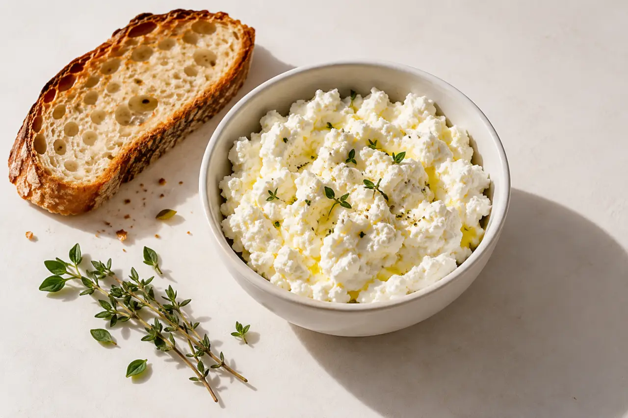 Comment faire son fromage frais maison avec du lait entier, présenté dans un bol avec du pain et des herbes fraîches