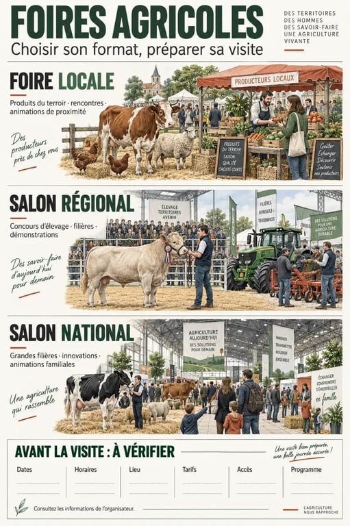 Infographie présentant les différents espaces et informations pratiques d’une foire agricole