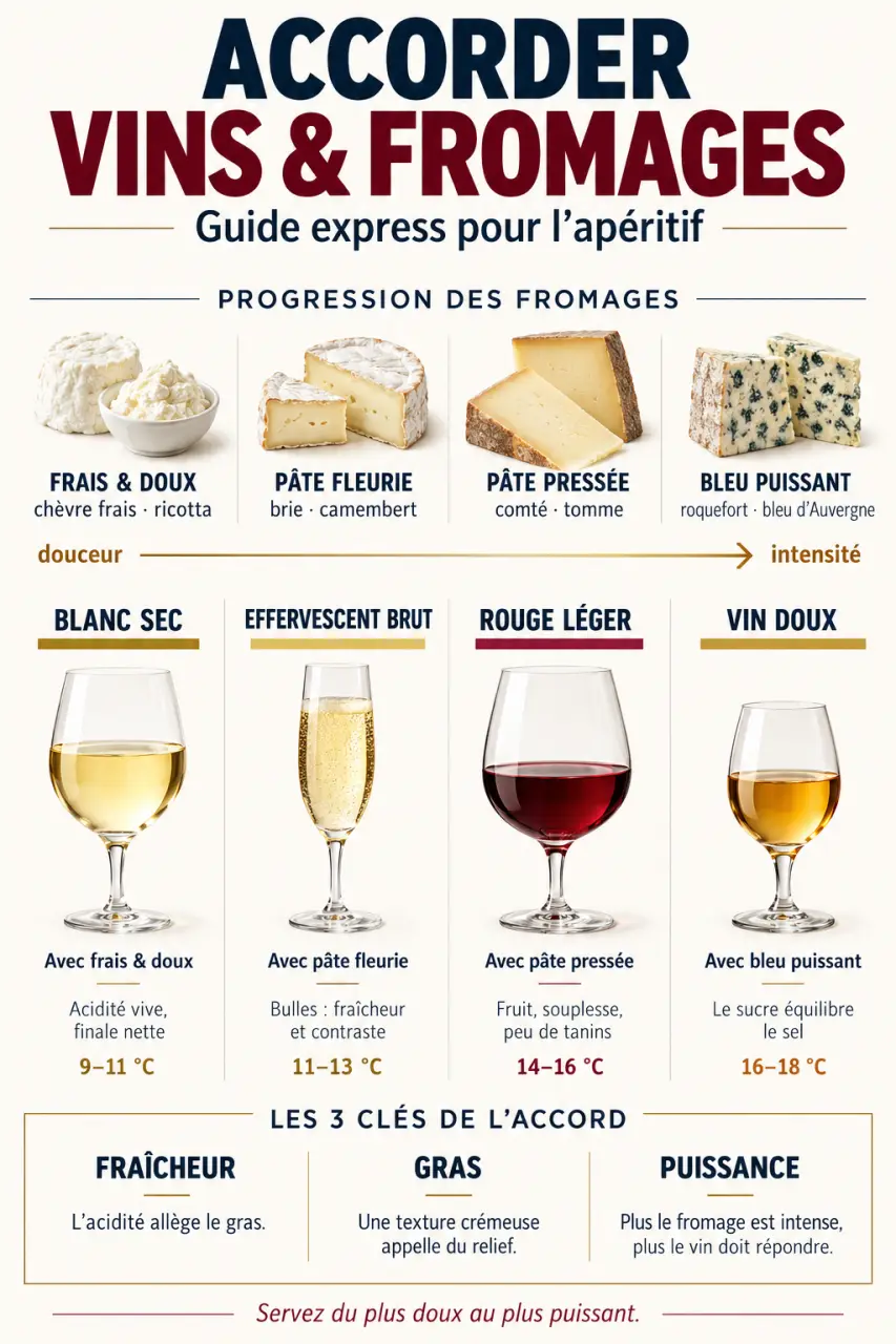 Guide pour accorder les vins et les fromages pour un apéritif, avec intensités et températures de service