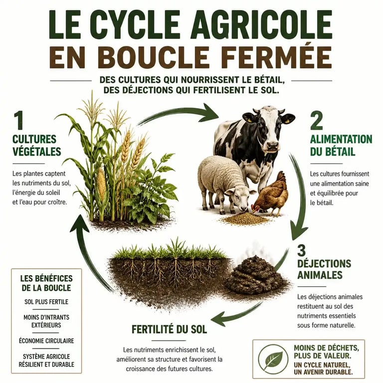 Schéma de la boucle fermée en polyculture associant élevage et cultures
