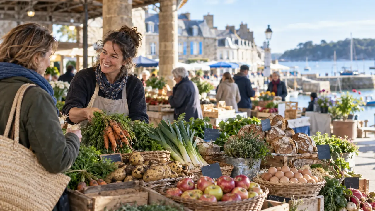 Étals de produits frais sur un marché breton, entre légumes, pommes et pains artisanaux