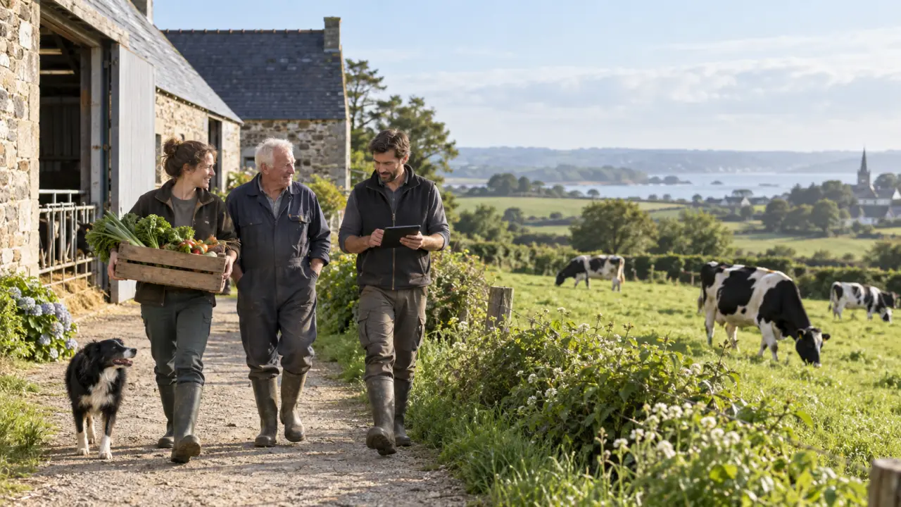 Mains tenant une poignée de terre dans une ferme bretonne, avec un paysage rural en arrière-plan