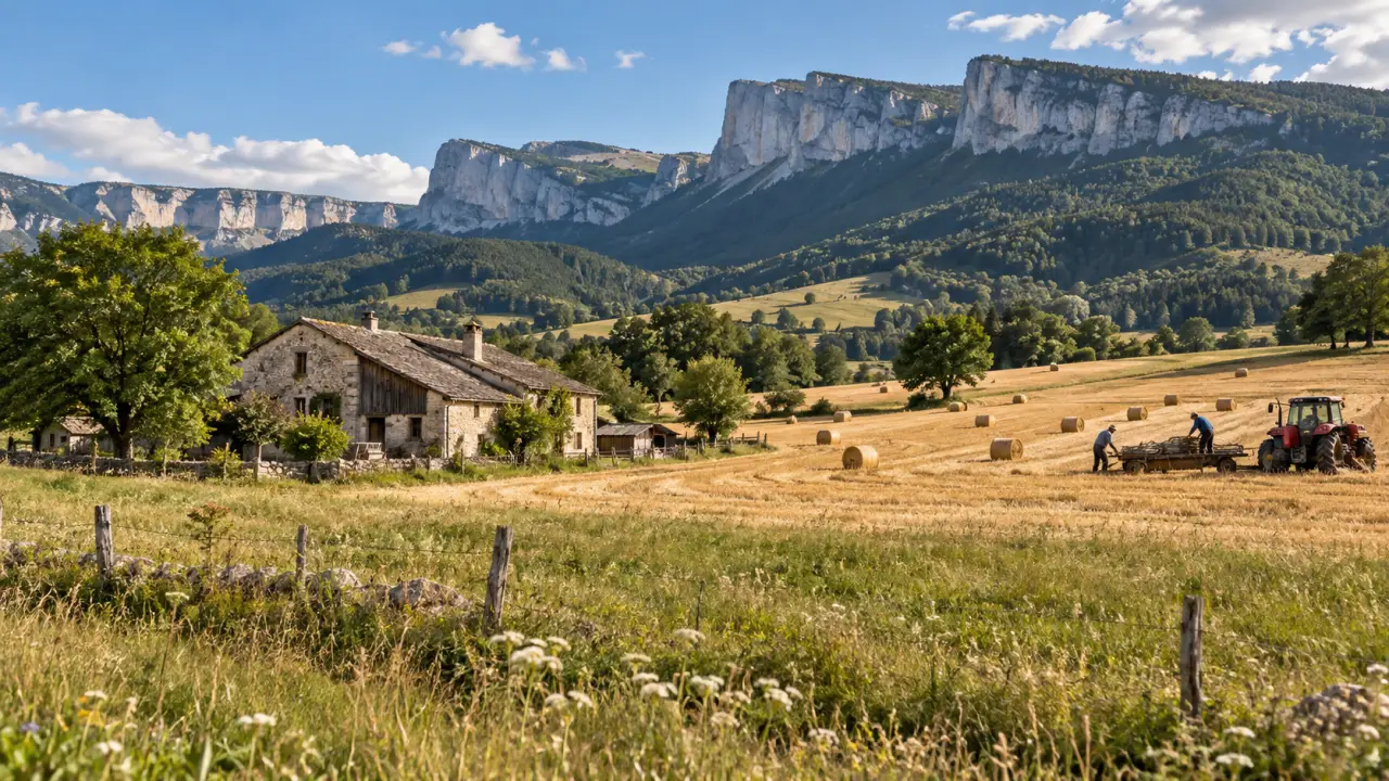 Champ moissonné au pied des montagnes du Vercors, dans une lumière douce de fin d'été