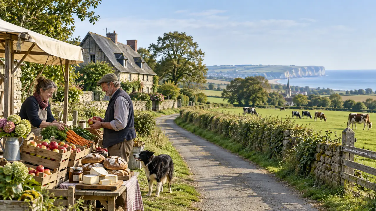 Chemin de campagne bordé de pommiers dans le bocage normand