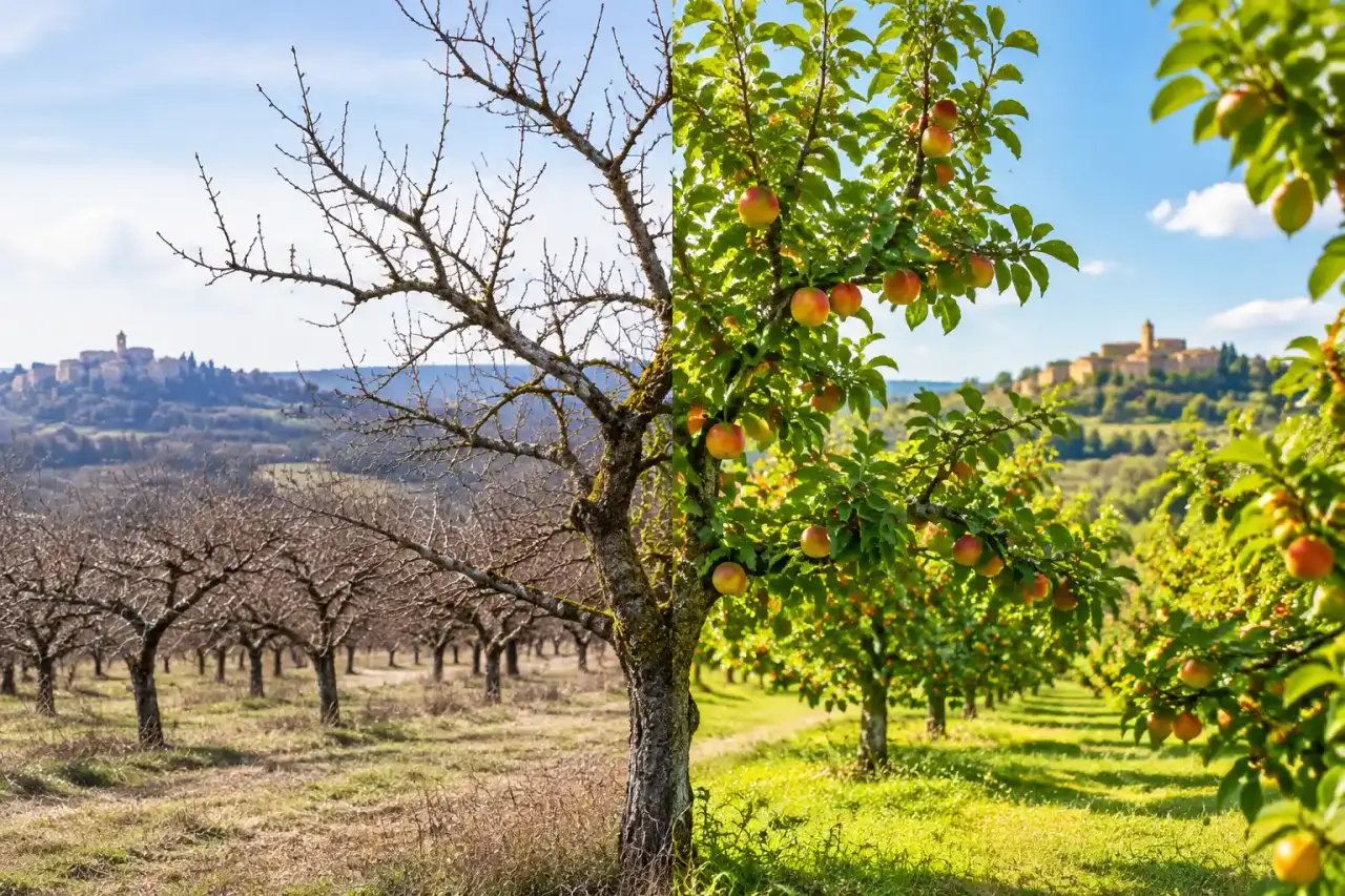 Mains tenant une poignée de terre dans un verger occitan au soleil couchant